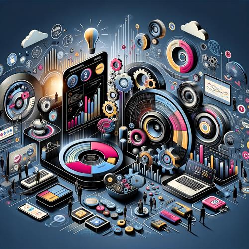 Abstract visualization of HubXe's advanced digital marketing features including web analytics, social media tracking, and sales trend analysis.