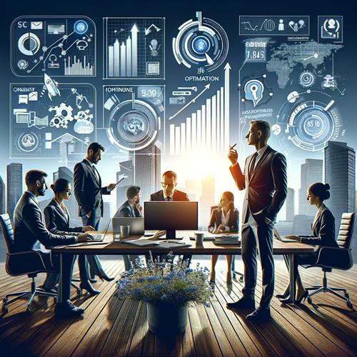 Business professionals in an office analyzing data and making strategic decisions for continuous digital marketing optimization.