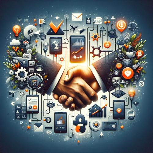 Visual depiction of a business partnership with elements of digital marketing, symbolizing collaboration, growth, and success