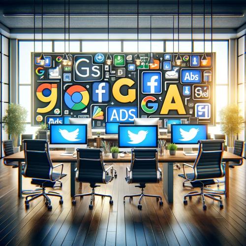 A contemporary office setting showcasing computer screens and posters with logos similar to Google Ads, Bing Ads, Facebook Ads, and other key advertising platforms, symbolizing a hub of digital marketing and online advertising expertise.