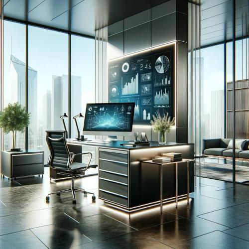 Modern office with advanced analytics displayed on a high-tech computer, showcasing efficiency and cutting-edge technology in a corporate setting.