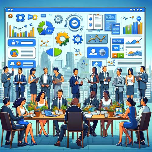 An illustration portraying a diverse group of small and medium business owners. They are gathered around a large digital screen, displaying various di